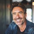 Homme souriant avec une barbe, en chemise en jean.